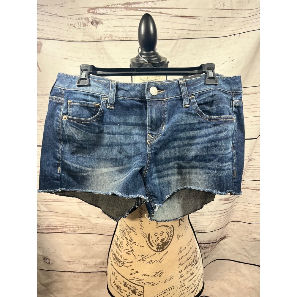 Express 90s Jean Dark Wash Cut Off Denim Shorts Womens Size 8 Raw Hem Stretch